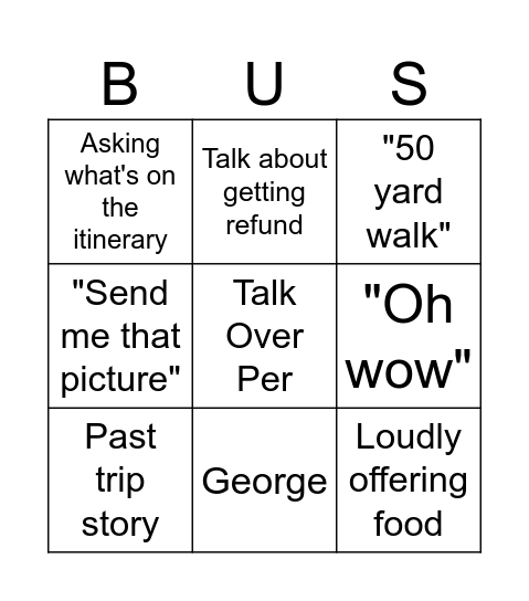 Back of the Bus Bingo Card