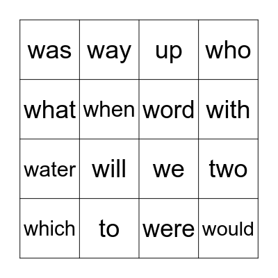 Sight Words Bingo Card