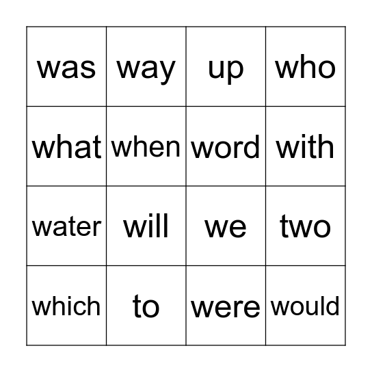 Sight Words Bingo Card