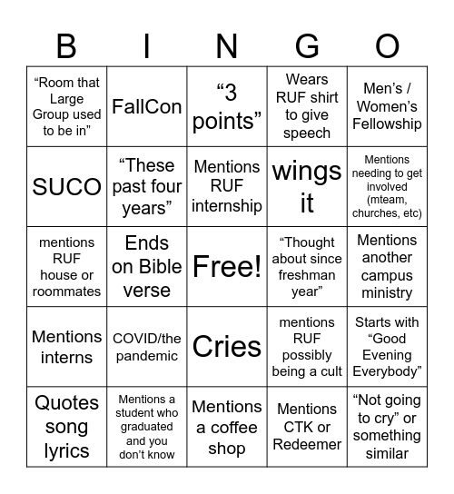 RUF Senior Speeches Bingo Card