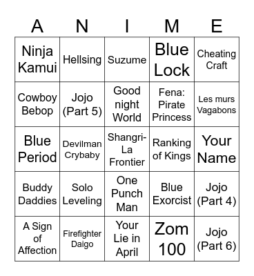 Anime Bingo Card