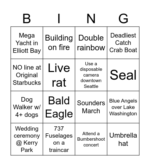 Tours Northwest Bingo Card