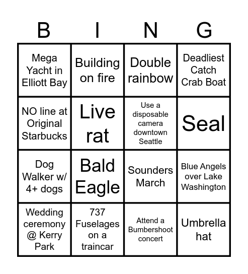 Tours Northwest Bingo Card