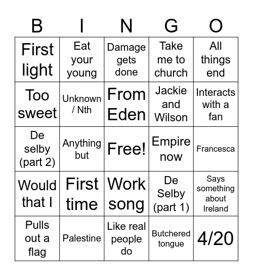 Hozier Bingo Card