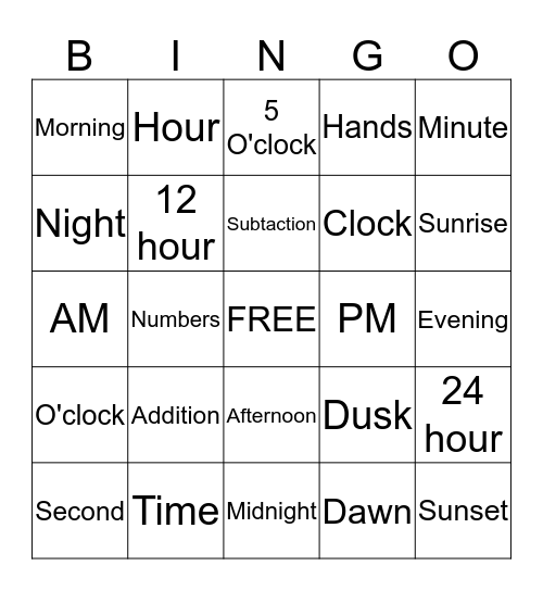 Maths - Telling the time Bingo Card