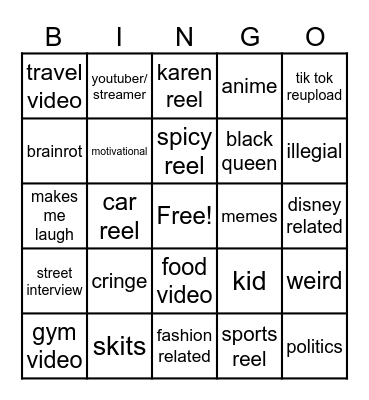 Instagram reel bingo Card