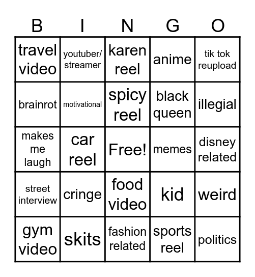 Instagram reel bingo Card