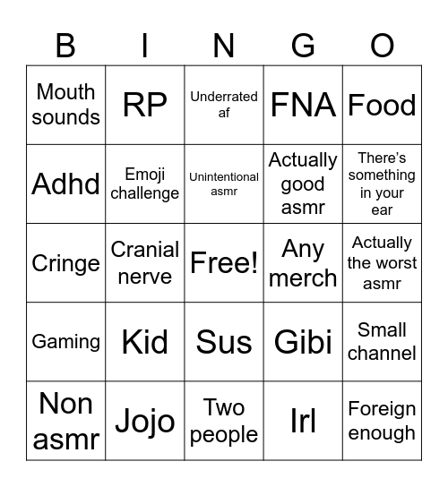 TikTok asmr Bingo Card