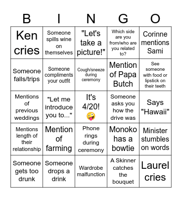 Ken and Laurel's Wedding BINGO Card