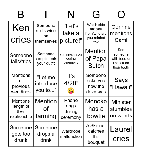 Ken and Laurel's Wedding BINGO Card