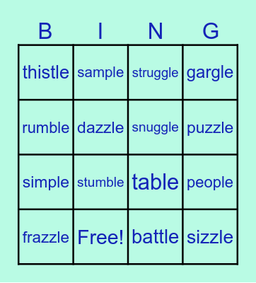 Consonant -le Bingo Card