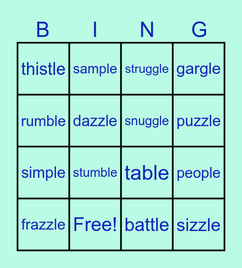 Consonant -le Bingo Card