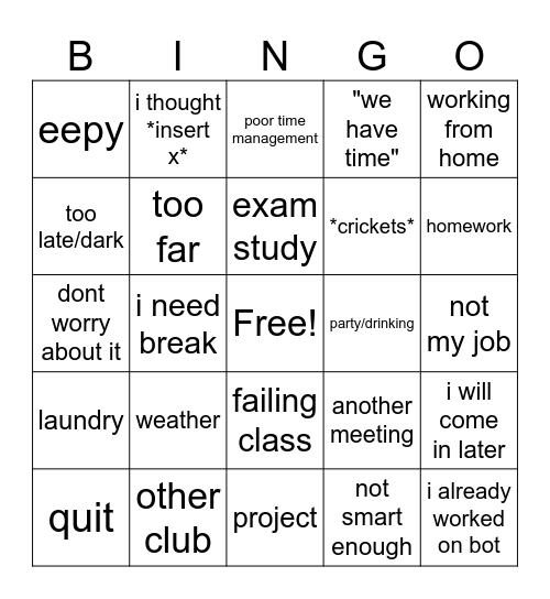 BLRS Lab Excuses Bingo Card