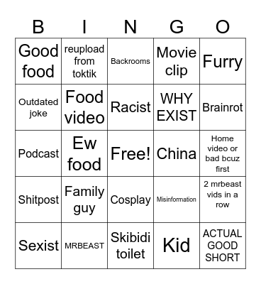 YT SHORTS Bingo Card