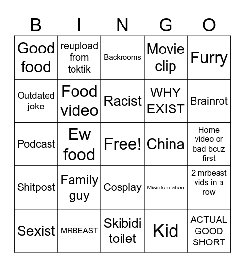 YT SHORTS Bingo Card