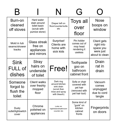 Cleaning Technician Bingp Bingo Card