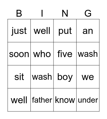 sight words Bingo Card