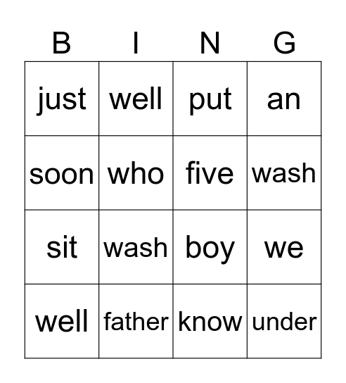 sight words Bingo Card