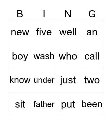 sight words Bingo Card