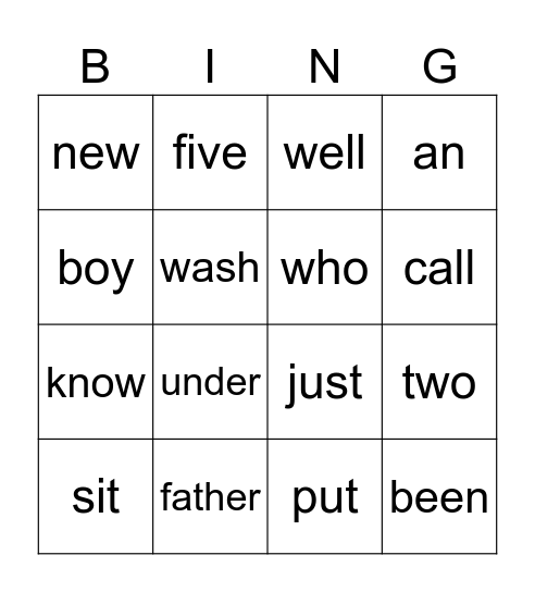 sight words Bingo Card