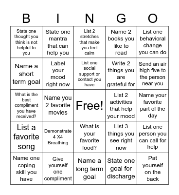 Mental Health Bingo Card