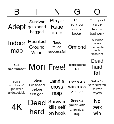 Dead By Daylight Bingo Card