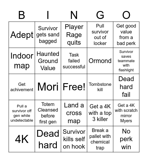 Dead By Daylight Bingo Card