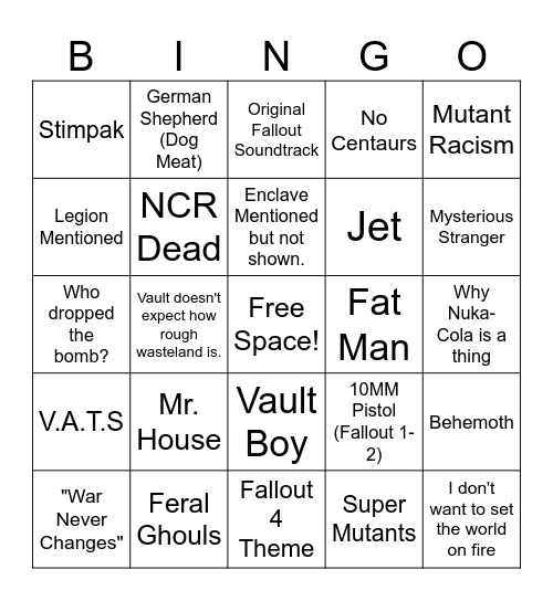 Fallout Show Bingo Card