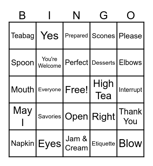 Tea Party Etiquette Bingo Card