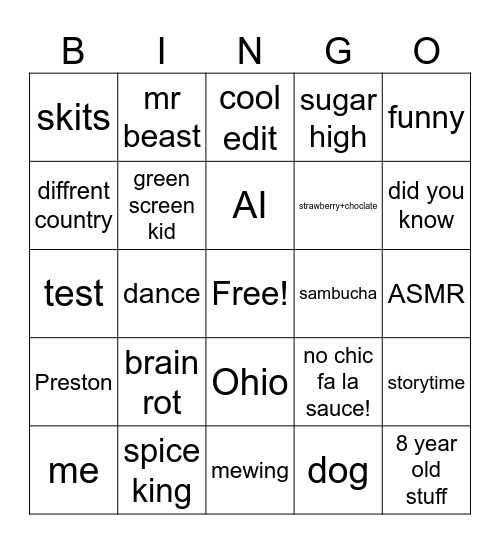 YouTube shorts Bingo Card