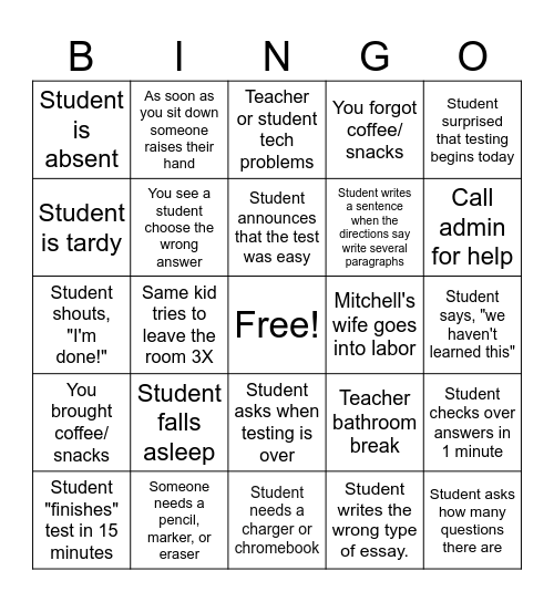 Teacher Testing Bingo Card