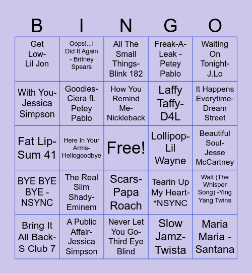 2000s Music Bingo Card