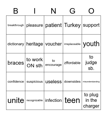 Vocabulary revision Bingo Card