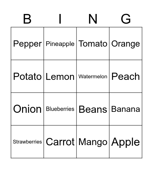 Fruit and VegetablesB Bingo Card