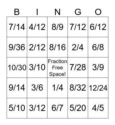 Fraction Bingo Card