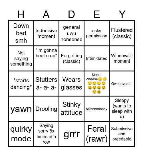 Hadey Bingo Card