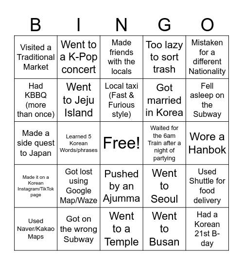Living in Korea Bingo Card