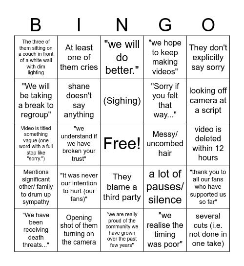 Watcher Apology Bingo Card
