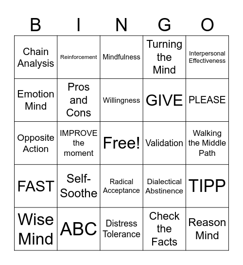 DBT Skills Bingo! Bingo Card