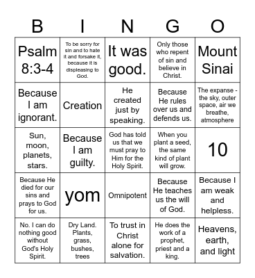 Sunday School Review Bingo Card