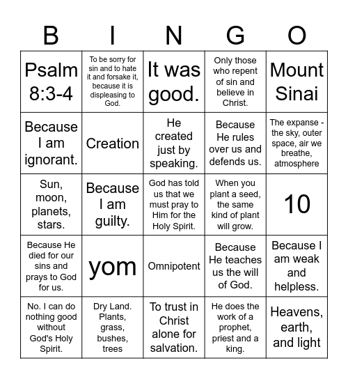 Sunday School Review Bingo Card