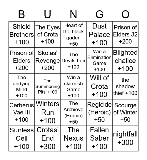 Destiny Fireteam Bingo Backup Bingo Card