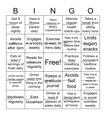 Health Habit Bingo Card