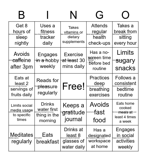 Health Habit Bingo Card