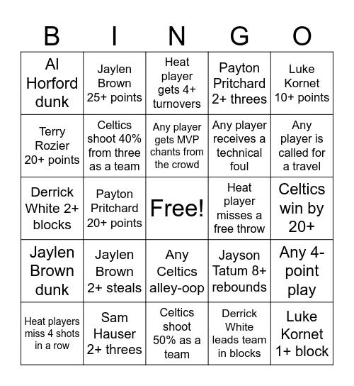 Celtics Bingo Card