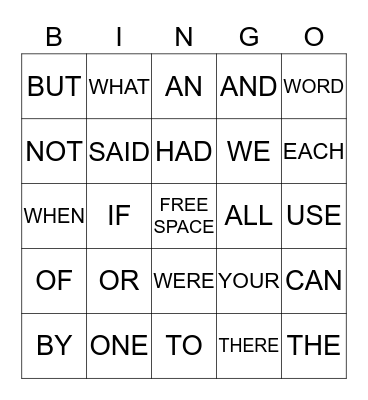 SIGHT WORD BINGO Card