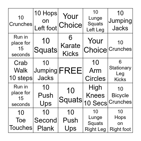 P. E. BINGO Card