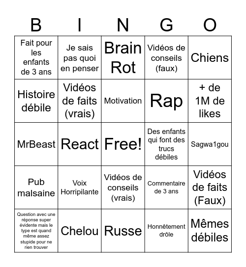 Yt shorts Bingo Card