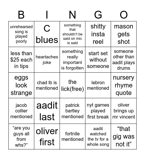 gig bingo Card