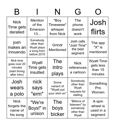 Boy Time Bingo Card